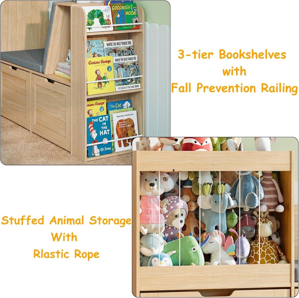 66.9' Kids Reading Nook, Toy Storage Organizer with Stuffed Animal Storage, Bench and Removable Cushions, Wooden Toddler Bookshelf with 3 Movable Drawers for Nursery, Playroom (Oak)