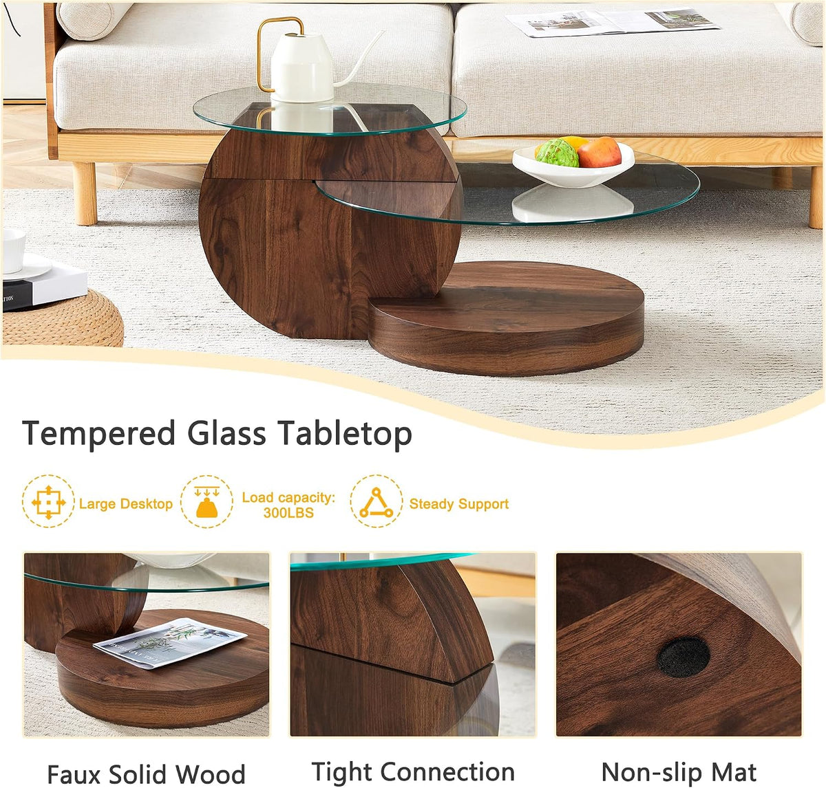 Ebullient Modern Round Glass Coffee Table, 3-Tier Wood Base Geometric Center Table for Living Room, Contemporary Accent Furniture, 35.4 Inch
