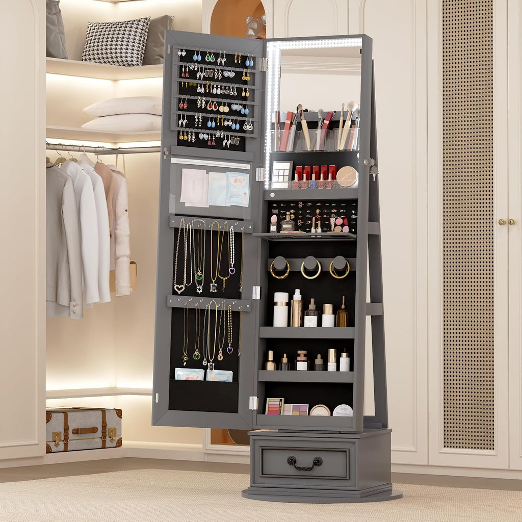 Vlsrka Mirror Jewelry Cabinet Standing, 360° Swivel Jewelry Armoire with Full Length Mirror, Lockable Mirror with Jewelry Storage, 3-Color LED Lights, Foldable Makeup Shelf, Grey