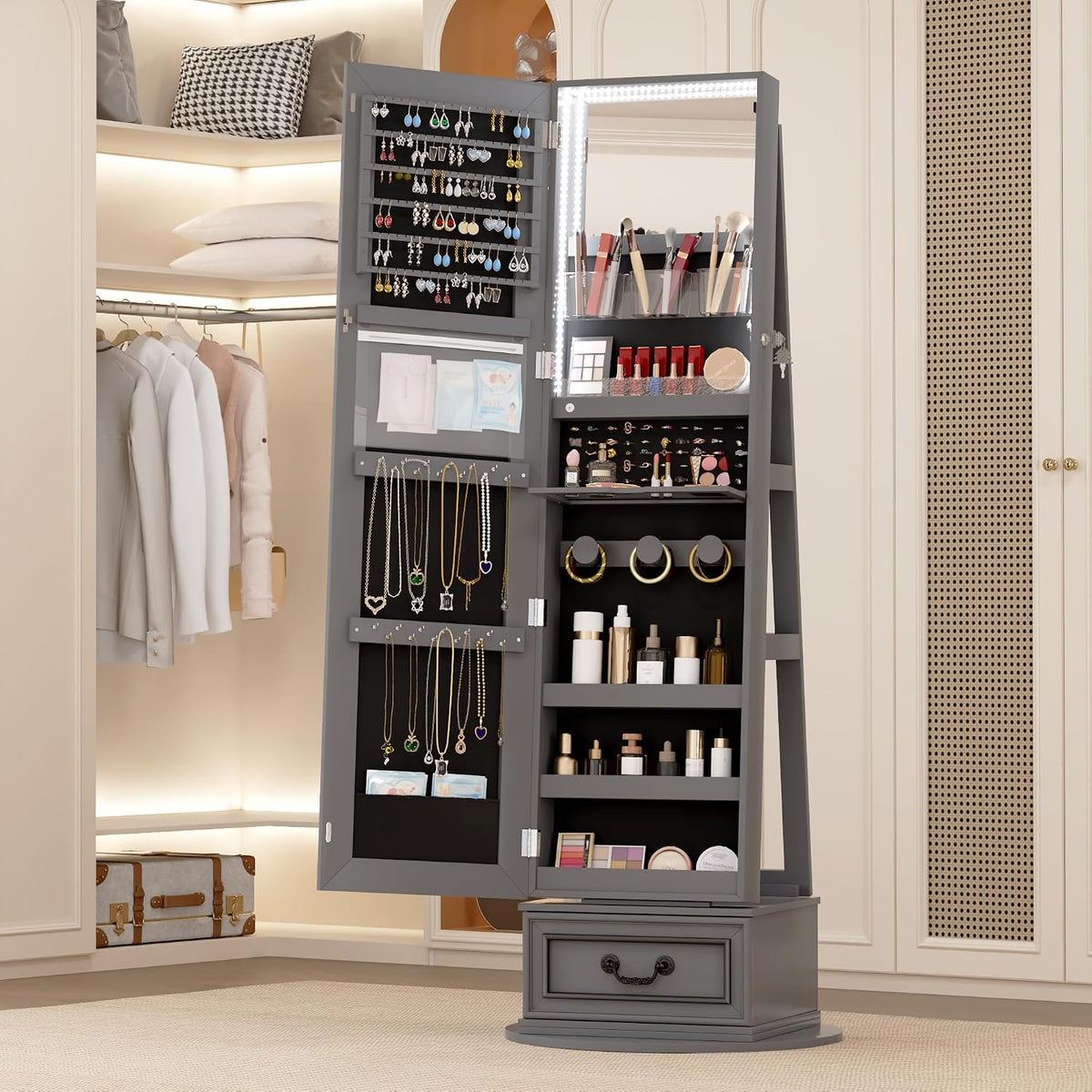 Vlsrka Mirror Jewelry Cabinet Standing, 360° Swivel Jewelry Armoire with Full Length Mirror, Lockable Mirror with Jewelry Storage, 3-Color LED Lights, Foldable Makeup Shelf, Grey
