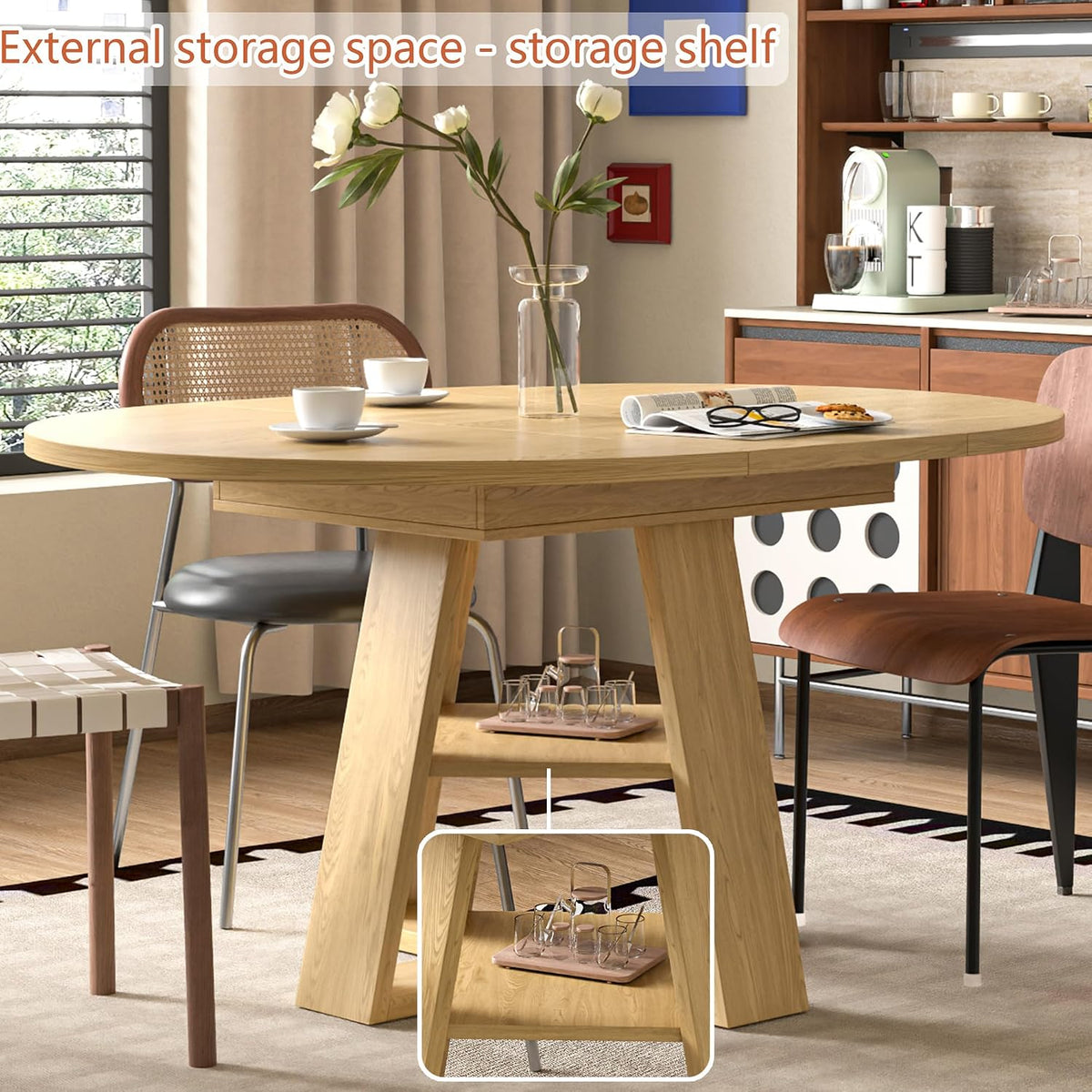 43.3in-59in Extendable Round Dining Table for 4-8,Modern Kitchen Oval Dining Table with Removable Leaves Space Saving,Wood Base with Storage Shelf for Kitchen Living Room (Wood Color)