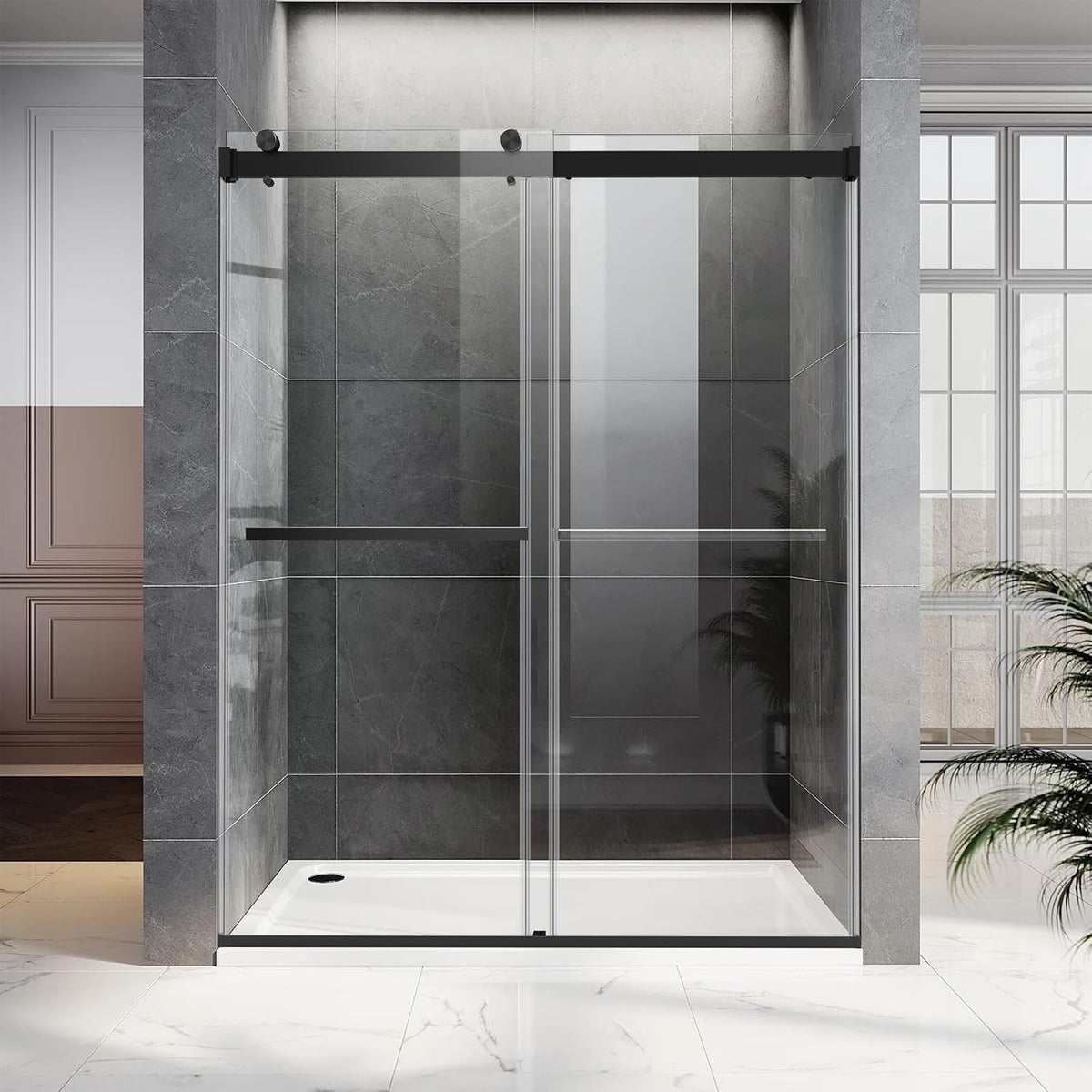 Frameless Sliding Shower Door, 56-60' W x 76' H Glass Shower Door with 5/16' (8mm) Clear Tempered Safety Glass, Stainless Steel Hardware, Double Sliding Shower Door, Matte Black