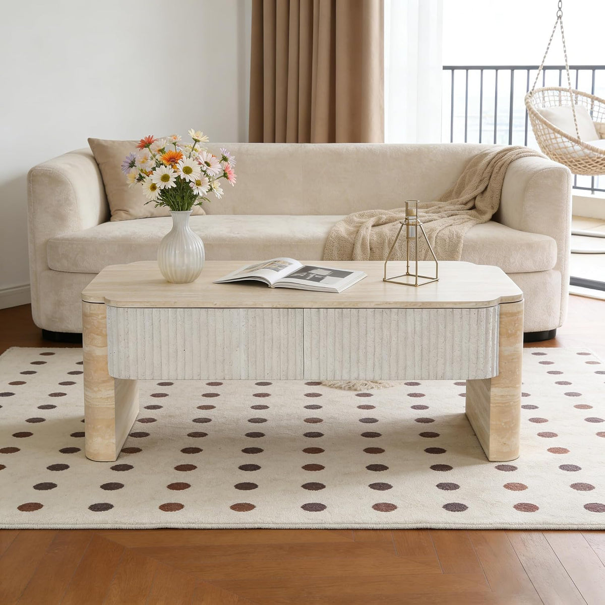 39' Lift Top Coffee Table with Hidden Storage, Faux Marble Lift Pull Up Tabletop for Living Room, Modern Wooden Rectangular Coffee Table, Beige Mars Pattern