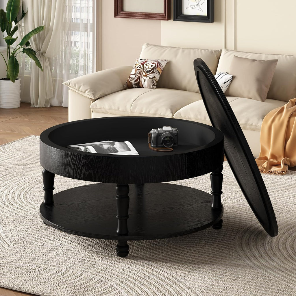 Round Coffee Table for Living Room 31.5' W Small Coffee Tables with Storage Open Shelf 2-Tier Modern Design Industrial Circle Wood Center Home Furniture Apartment Black