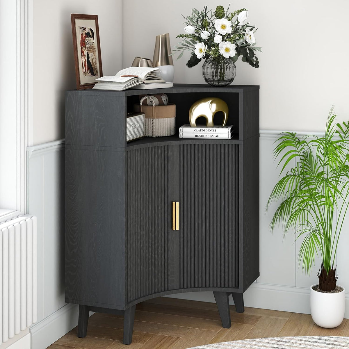 Fluted Corner Cabinet with Open Storage, Modern Floor Cabinets with Sliding Doors and 2-Tier Shelves, Freestanding Narrow Organizer for Small Space,Living Room, Dining Room,Black