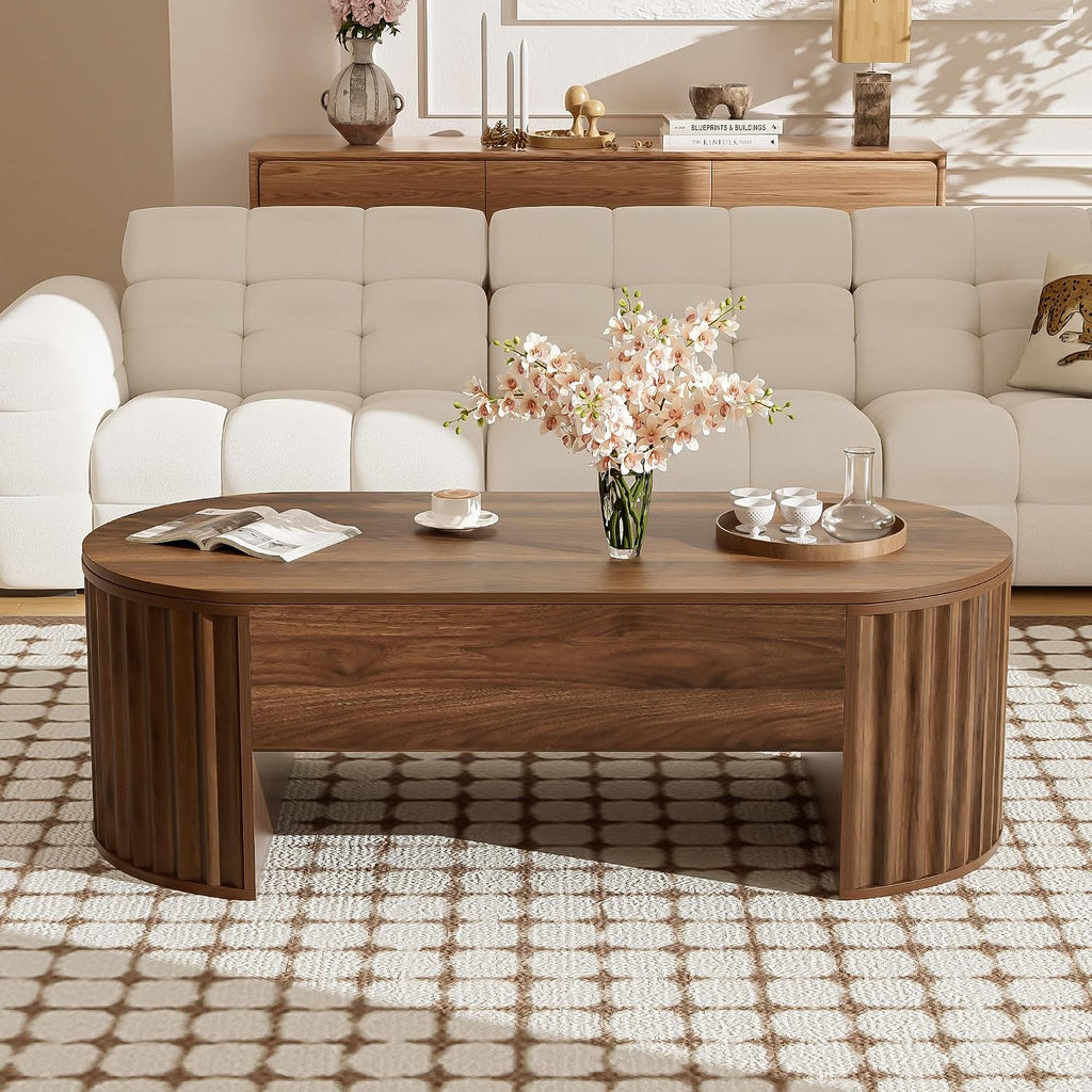 Lift Top Coffee Table with Storage Hidden Compartment, Partially Assembled Wooden Fluted Center Table, 47.2' Modern Oval Smart Lift Tabletop for Home Living Room Office-Brown