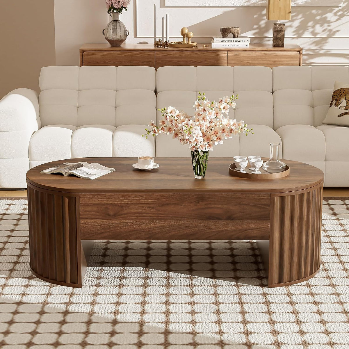 Lift Top Coffee Table with Storage Hidden Compartment, Partially Assembled Wooden Fluted Center Table, 47.2' Modern Oval Smart Lift Tabletop for Home Living Room Office-Brown