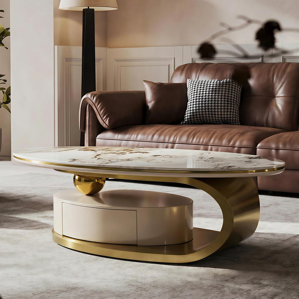 16.93' H Oval Coffee Table with Storage Drawer, Modern Center Tablet with Sintered Stone Tabletop and Marble Pattern, Luxury Coffee Tables with Gold Stainless Steel Base for Bedroom Home Office Beige