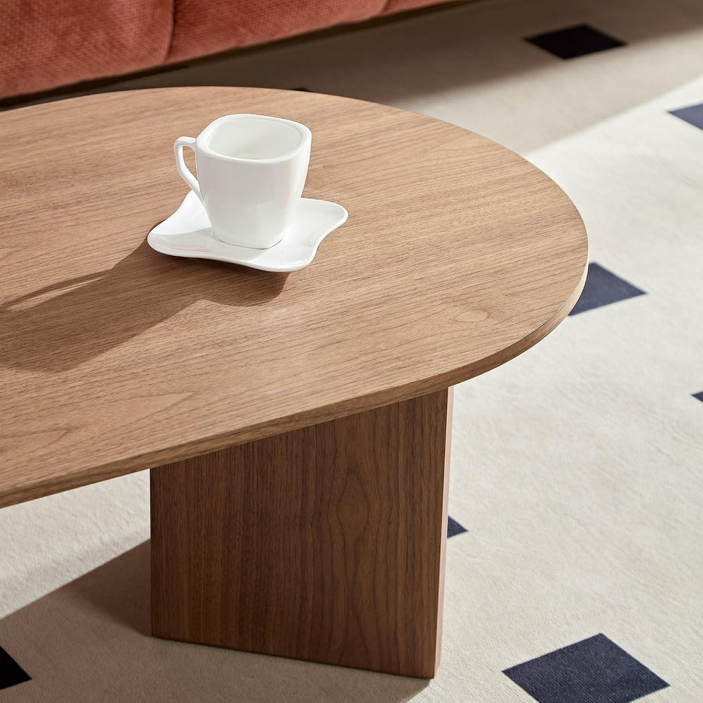 39.37 Inch Modern Coffee Table MDF Oval Coffee Table for Living Room Small Coffee Table with Sturdy Pedestal for Apartment Bedroom Walnut