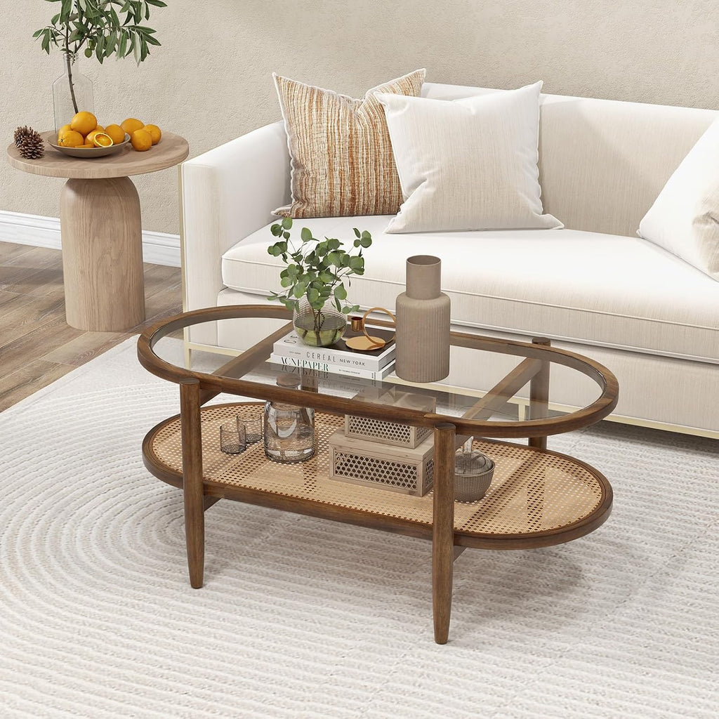 LDAILY Rattan Coffee Table, 2-Tier Mid Century Modern Center Table Oval Design with Tempered Glass Top & PE Rattan Shelf, Solid Acacia Wood Small Coffee Table for Living Room, Office, Brown (Brown)