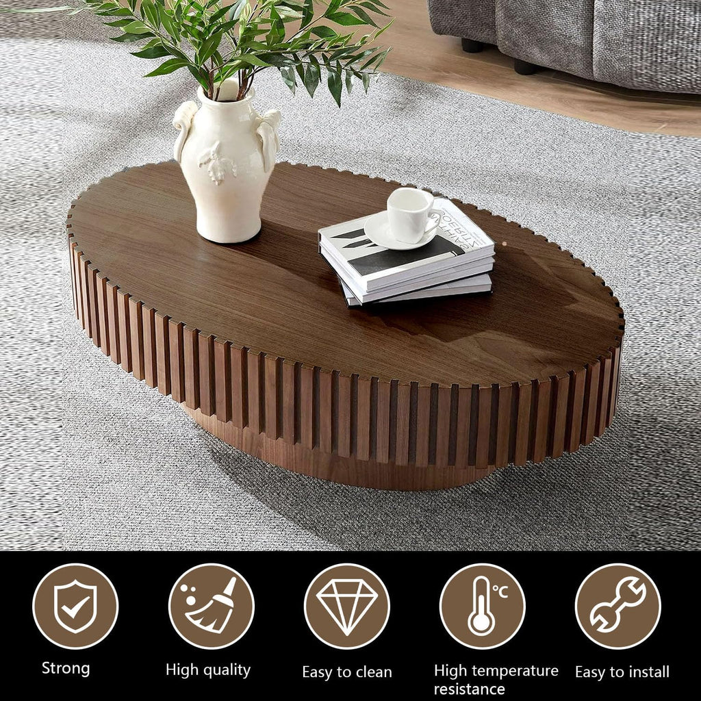 Oval Coffee Table Farmhouse Coffee Table with Handcrafted Relief Circle Drum End Table for Apartment Living Room (Brown)