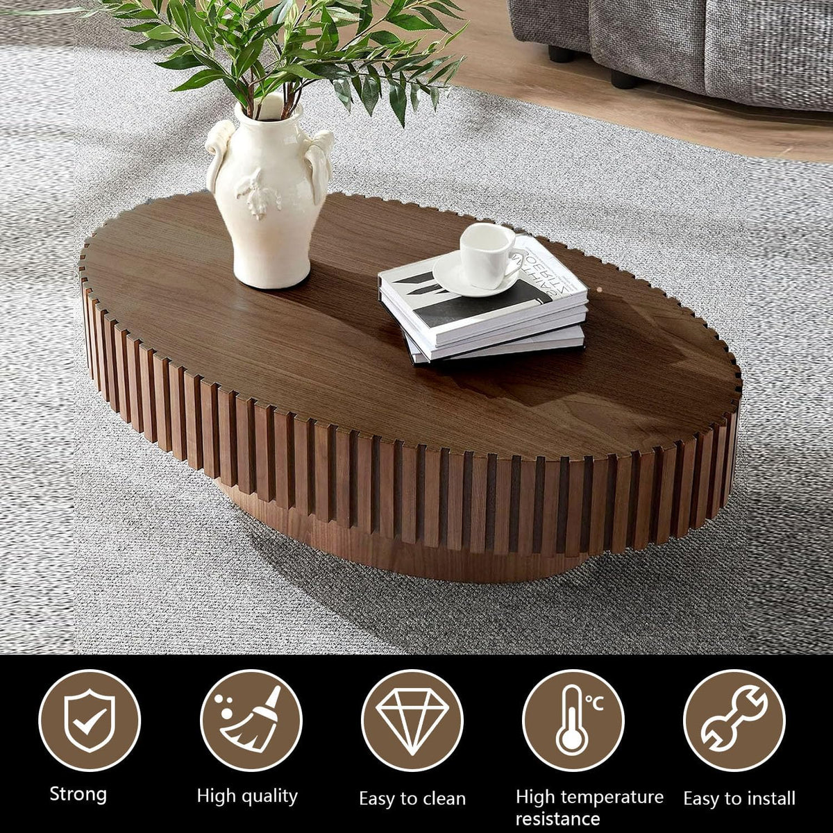 Oval Coffee Table Farmhouse Coffee Table with Handcrafted Relief Circle Drum End Table for Apartment Living Room (Brown)