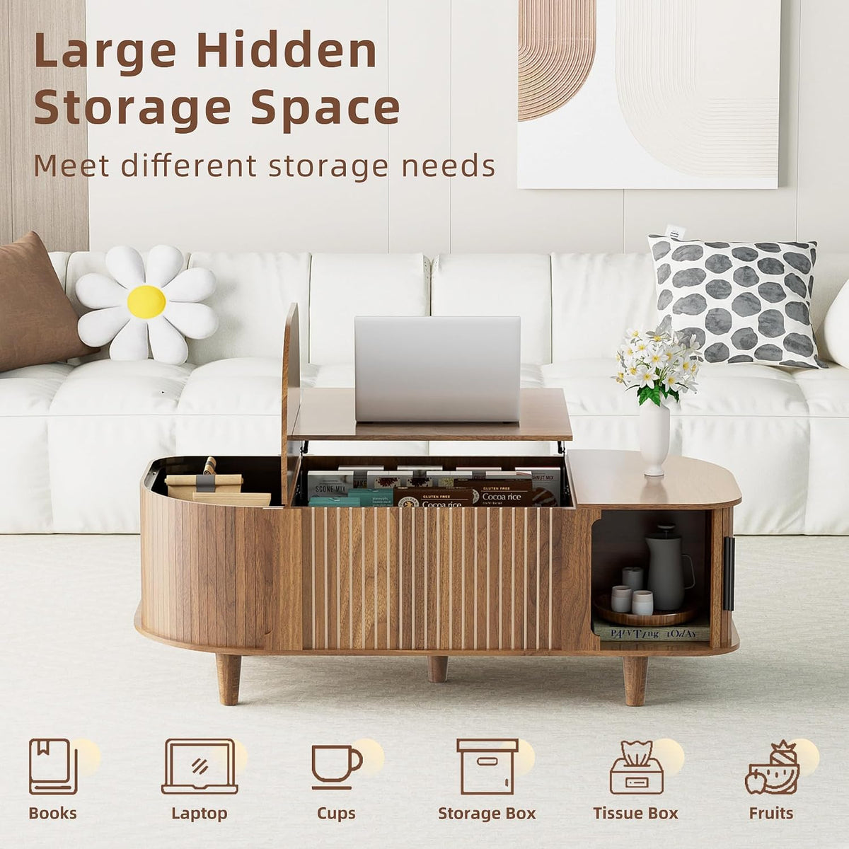 Lift Top Coffee Table, Oval Mid Century Modern Center Table with 3 Hidden Storage, 41' Coffee Tables with Sliding Door and Open Cabinet for Living Room Bedroom Office, Walnut Wood
