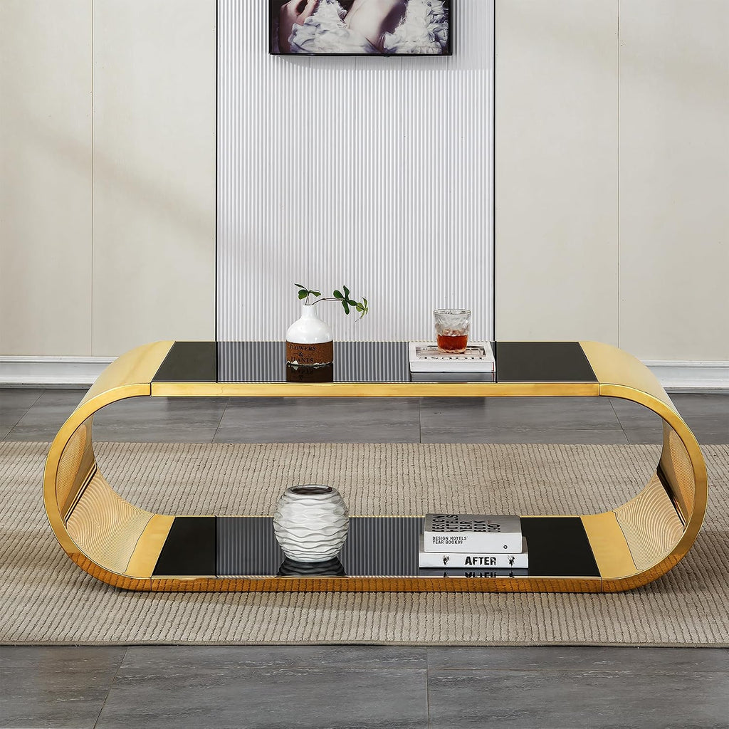Luxrious Gold Coffee Table with Black Glass Top Living Room Tea Table with Gold Stainless Steel Base,57'