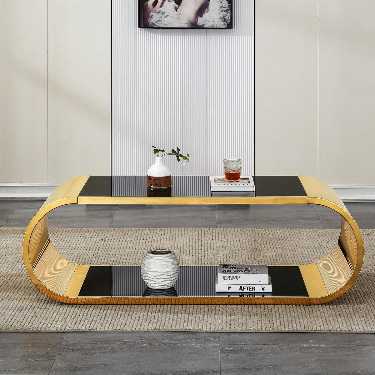 Luxrious Gold Coffee Table with Black Glass Top Living Room Tea Table with Gold Stainless Steel Base,57'
