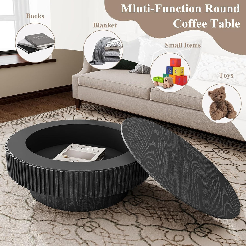 31.5' Round Wood Coffee Table, Modern Coffee Table with Storage,Solid Wood Drum Coffee Table Circle Fluted Coffee Table Accent Side Table for Apartment,Office, Easy Assembly,Black
