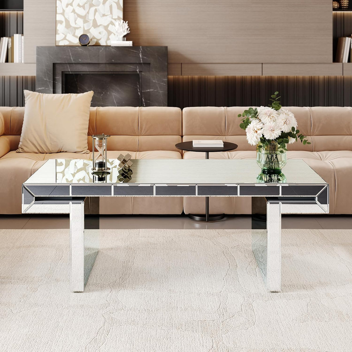 Modern Mirrored Coffee Table for Living Room Luxury Fluted Mirror Cocktail Center Table with Silver Finish 47' Rectangular Coffee Table for Home Office