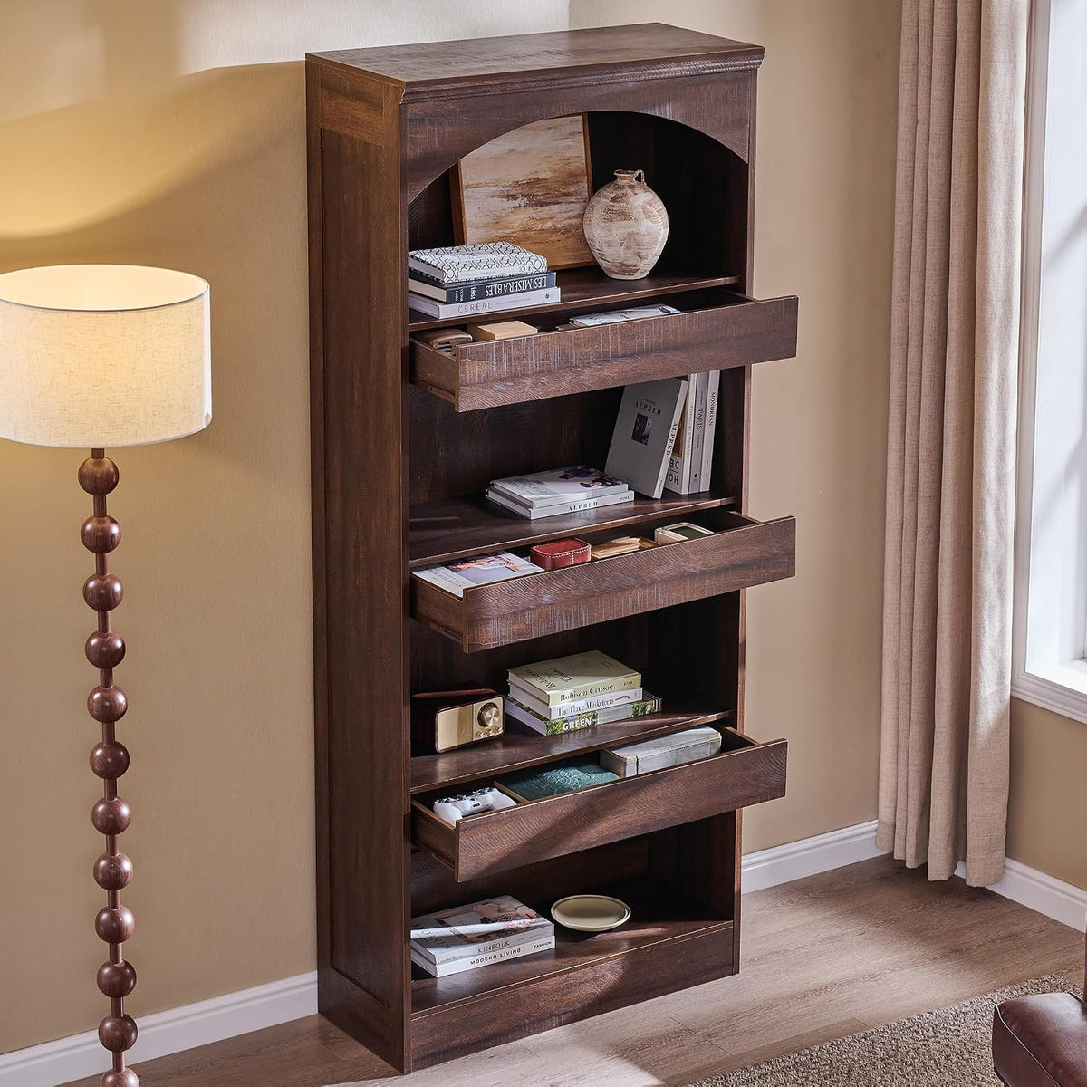 IFGET 76' Tall Arched Bookcase with 1PC Magnetic Lock Drawer, Modern Wooden Arch Bookshelf w/3 Pull-Out Drawers, Farmhouse 4 Tiers Book Shelf w/Open Shelves for Living Room, Office (Brown)