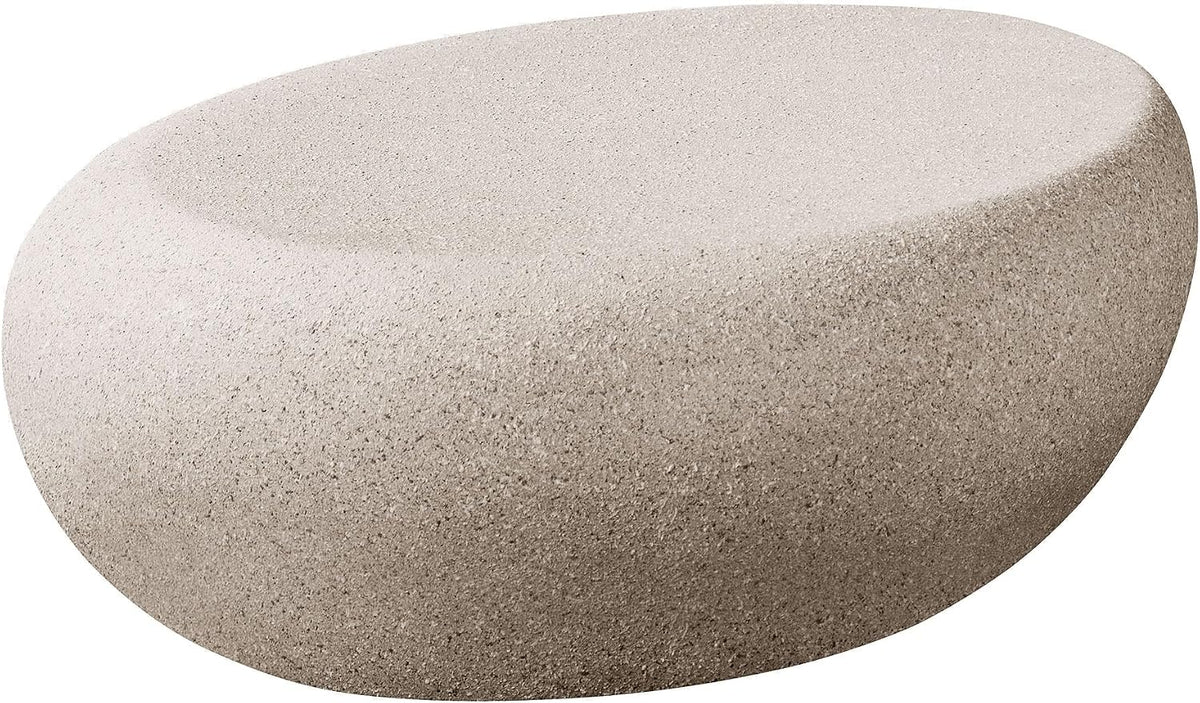 43.31 Modern Faux Stone Coffee Table for Living Room, Contemporary Rustic Style Curved Oval Coffee Table, Fiberglass Material & Grainy Stone Paint, No Assembly, Cream White