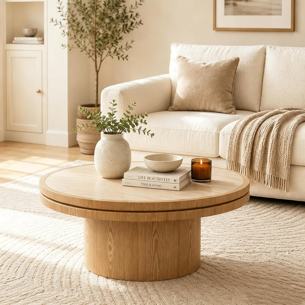 LKTART 35.43 Inch Round Coffee Table with Travertine Texture Sintered Stone Top, Mid-Century Modern Pedestal Center Table, Wood Coffee Tables for Living Room Bedroom Apartment, Easy Assembly, Natural