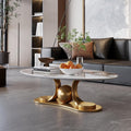 JIJIWANG 51.1' Oval Coffee Table with Gold Stainless Steel Pedestal, Luxury Faux Coffee Table with Marble Top, Sintered Stone Cocktail Center Tables for Apartment Office Easy Assembly Gold