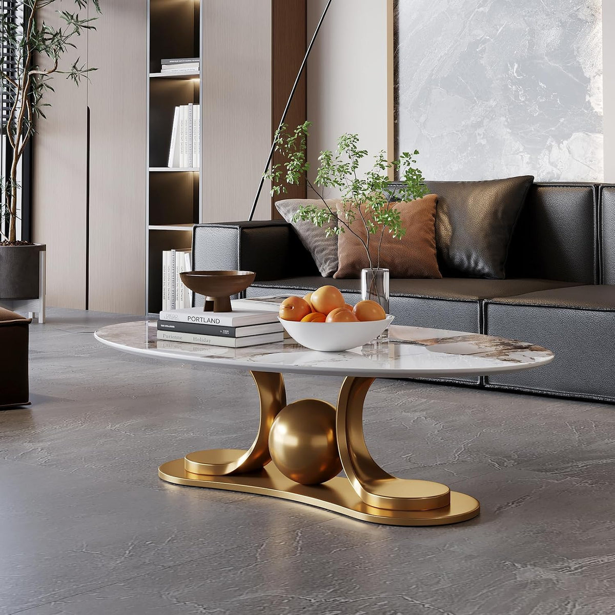 JIJIWANG 51.1' Oval Coffee Table with Gold Stainless Steel Pedestal, Luxury Faux Coffee Table with Marble Top, Sintered Stone Cocktail Center Tables for Apartment Office Easy Assembly Gold