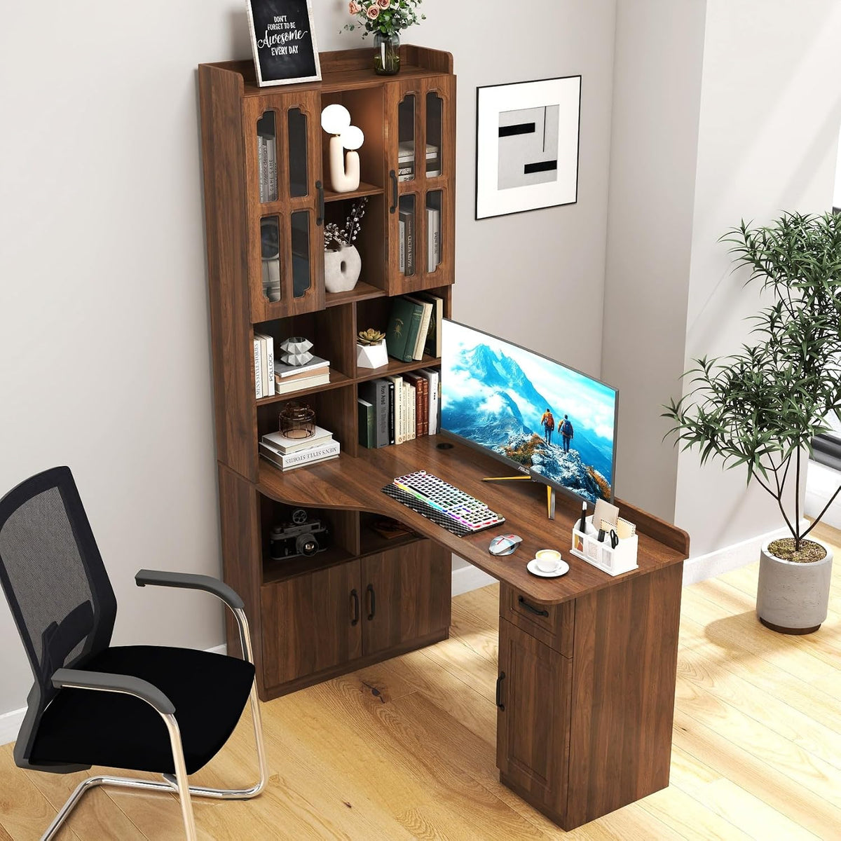 KEIKI Home Office Desks with Hutch, Drawers, Bookshelf, Storage Cabinet & Glass Doors, Modern Wooden Computer Corner Table for Work, Study, Writing