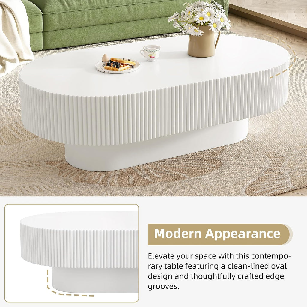 43.3' Oval Fluted Coffee Table with Thick Tabletop, Modern Wood Center Table with Sturdy Base for Living Room, Easy Assembly (White)