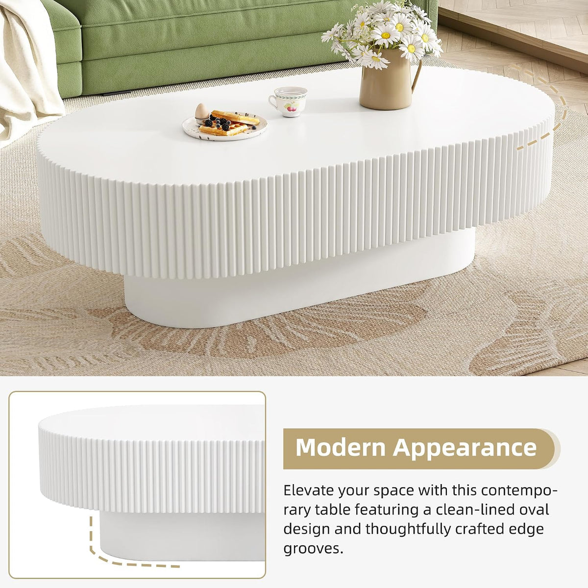 43.3' Oval Fluted Coffee Table with Thick Tabletop, Modern Wood Center Table with Sturdy Base for Living Room, Easy Assembly (White)