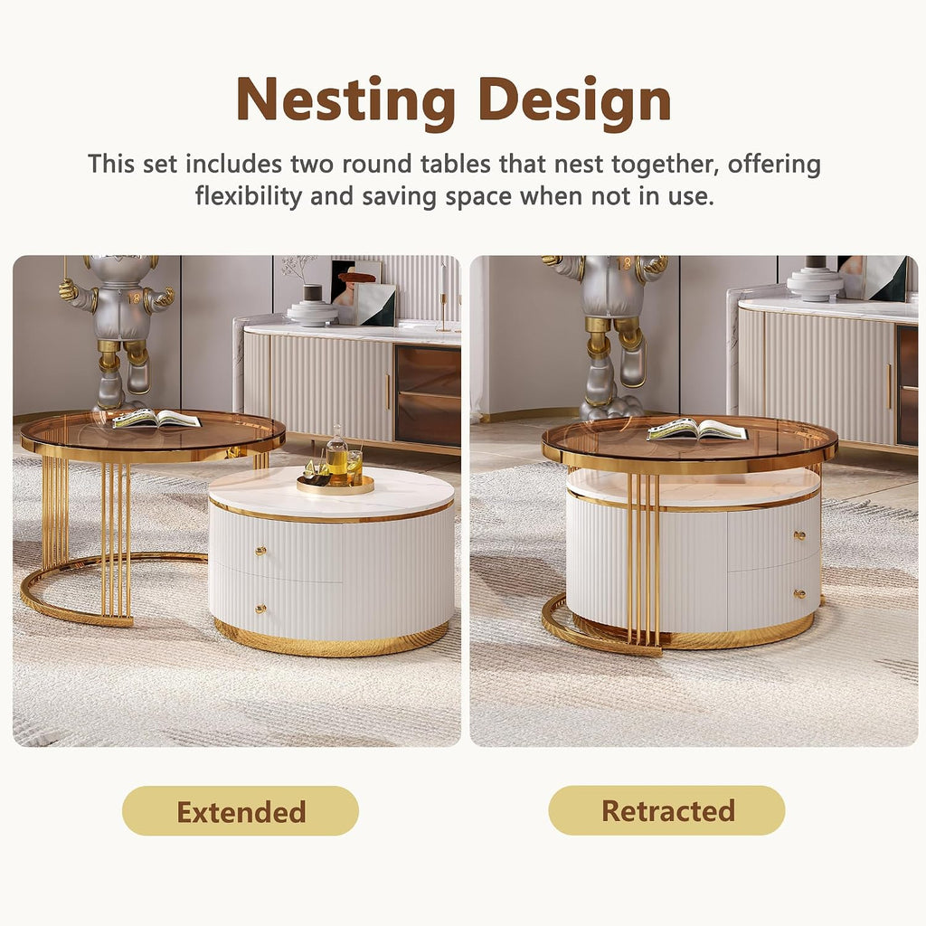 27.6' Brown Nesting Coffee Table Set of 2, Modern Round White Coffee Table for Living Room with Storage Drawer Marble Tabletop End Side Table for Bedroom