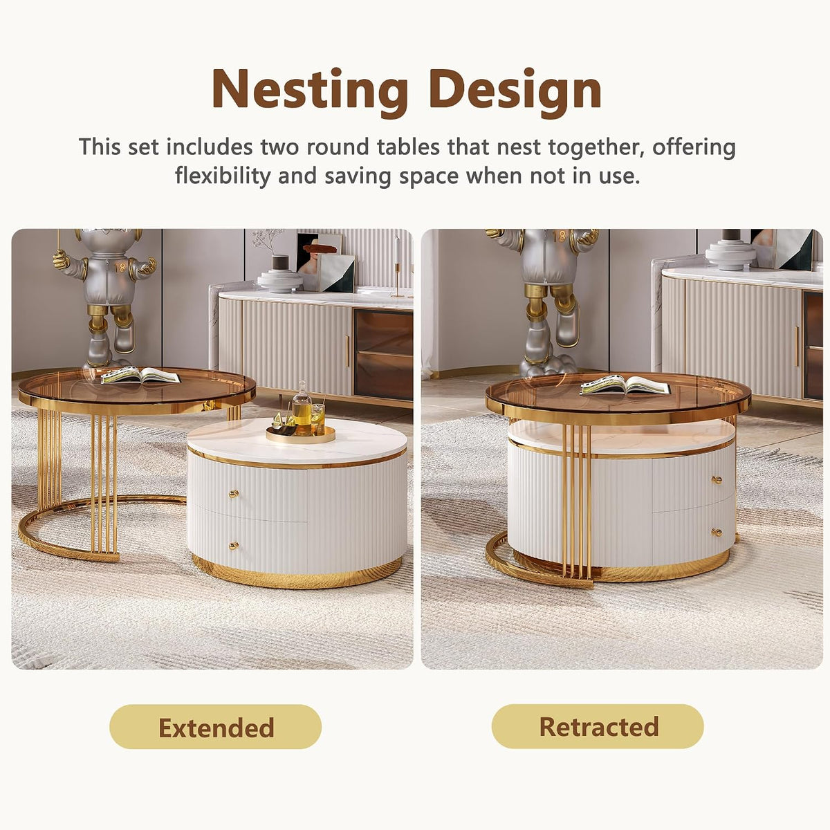 27.6' Brown Nesting Coffee Table Set of 2, Modern Round White Coffee Table for Living Room with Storage Drawer Marble Tabletop End Side Table for Bedroom