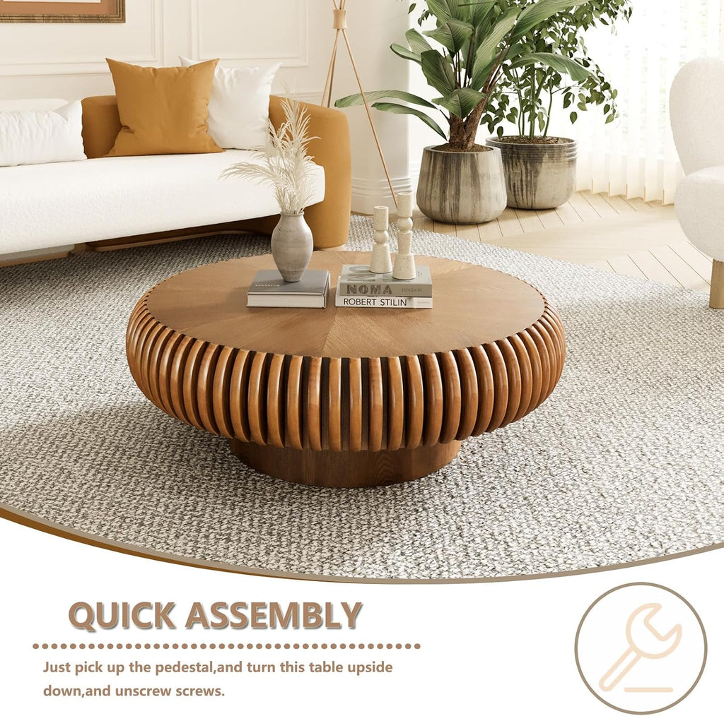 Round Handcraft Fluted Coffee Table with Sturdy Stable Pedestal Modern Luxury Drum Center Table Circle Accent Base Center Tables for Living Room Apartment (P)