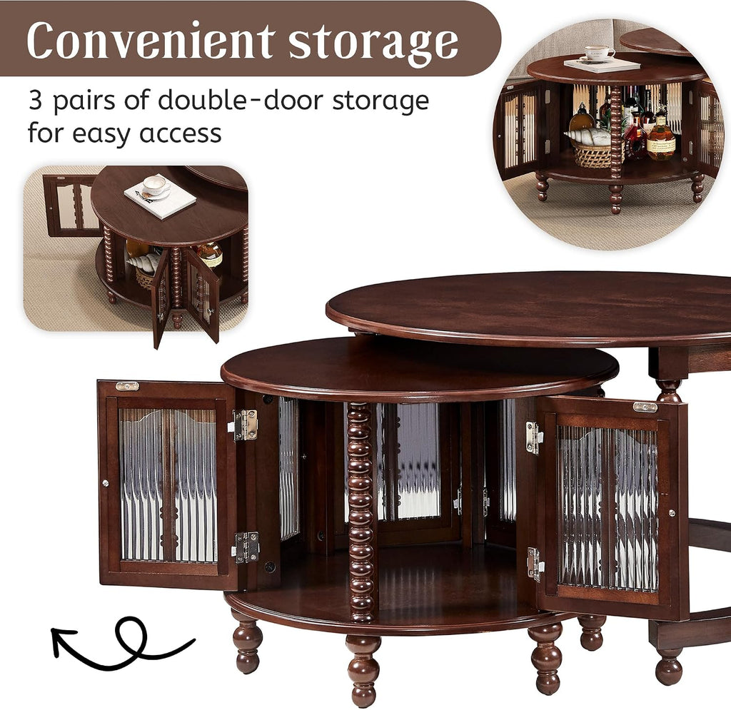 31.5' Walnut Nesting Coffee Table Set of 2, Vintage Round Coffee Table for Living Room with Storage Retro Beaded Leg End Side Table for Bedroom