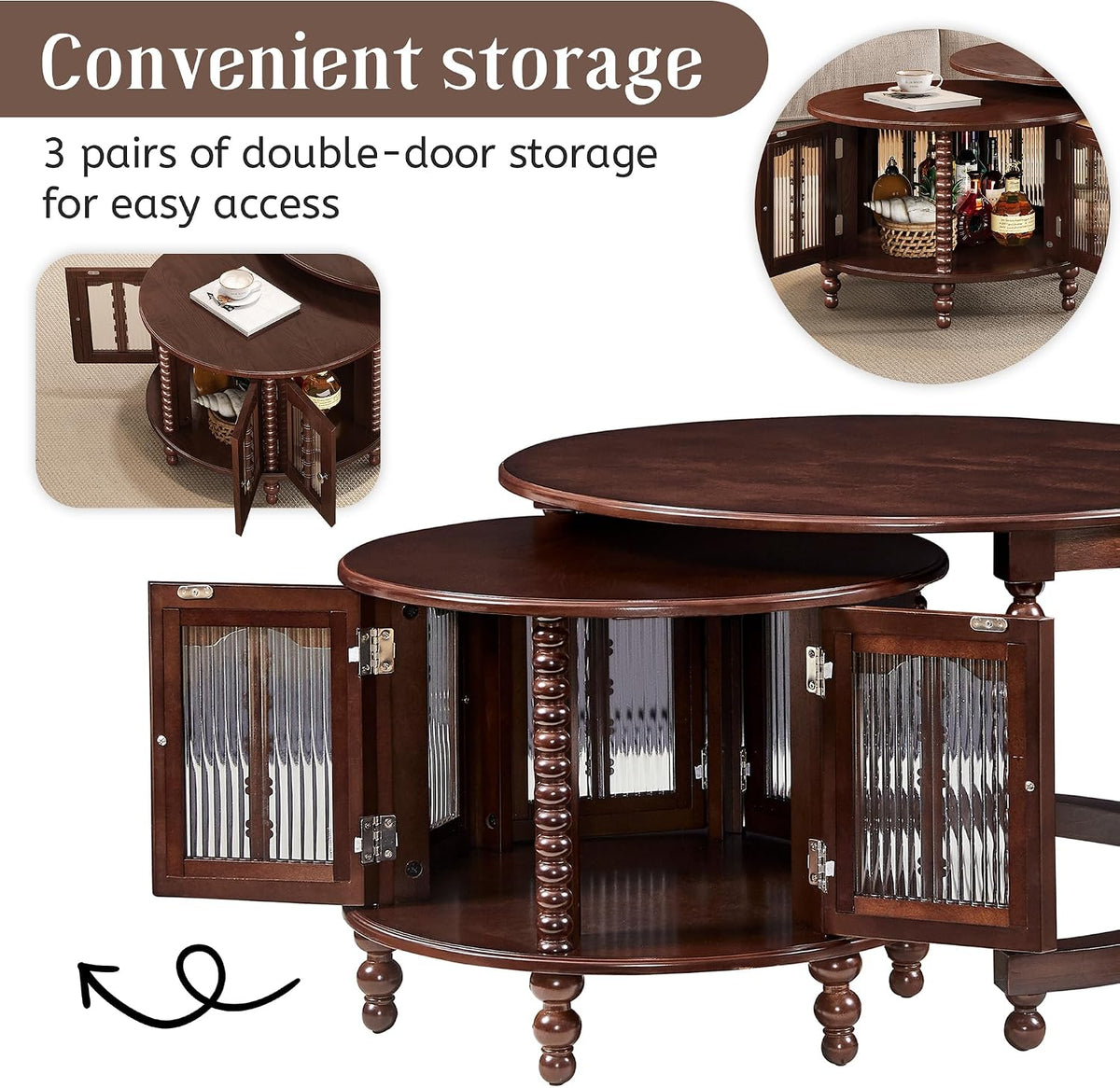 31.5' Walnut Nesting Coffee Table Set of 2, Vintage Round Coffee Table for Living Room with Storage Retro Beaded Leg End Side Table for Bedroom