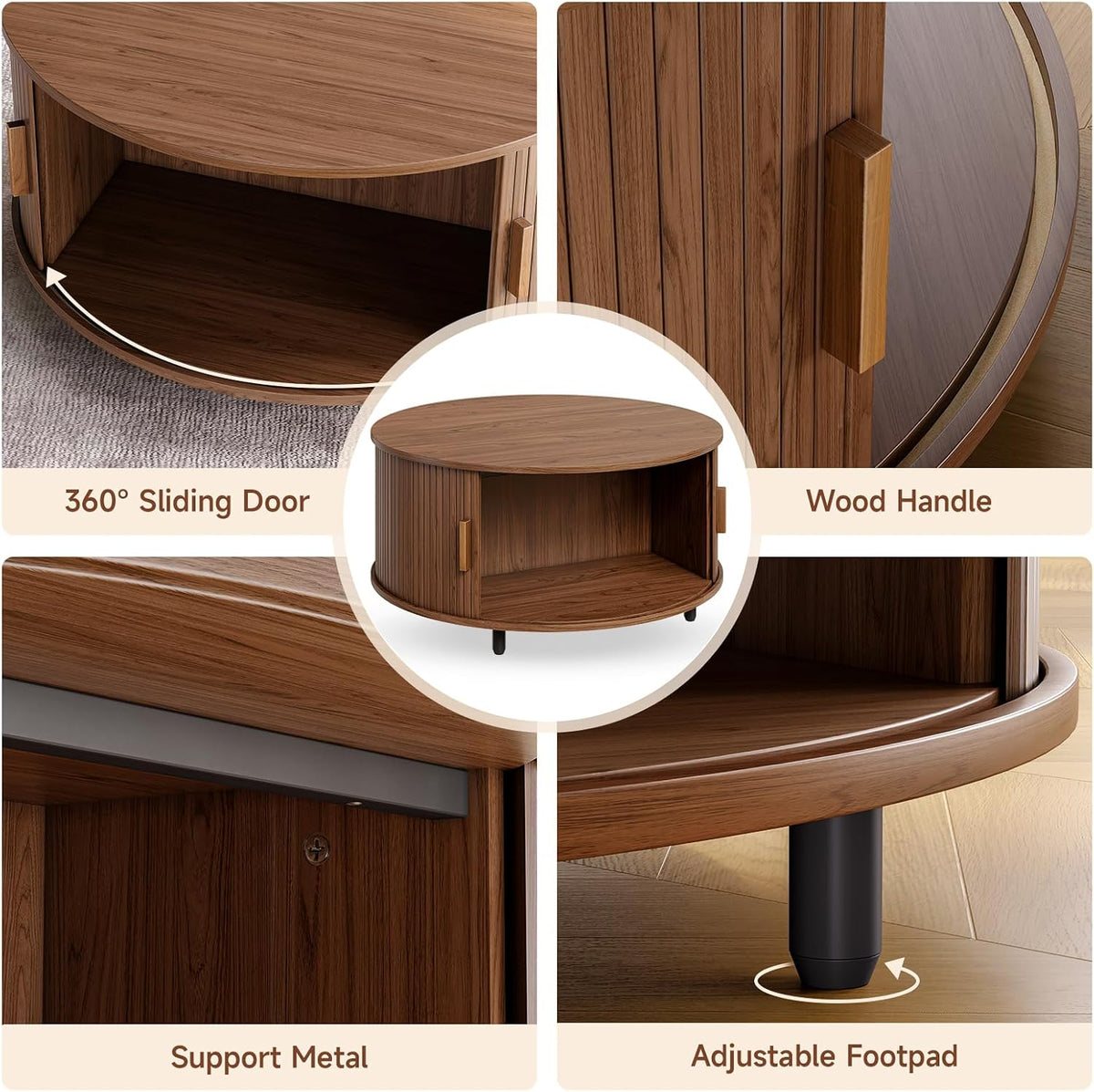 ONBRILL Round Coffee Table with Storage, 31.5' Modern Coffee Table with 360° Curved Sliding Door, Fluted Wood Accent Coffee Table with Adjustable Footpads, Round Center Table for Living Room, Walnut