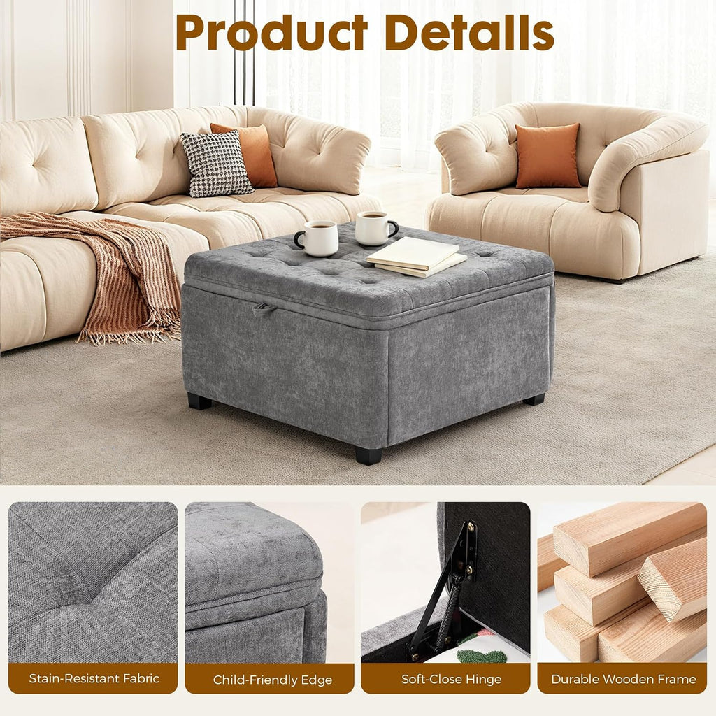 4-in-1 Storage Ottoman 30 Inch Large Hidden Storage Ottoman Foot Stool Square Ottoman Coffee Table with Soft-Close Hinge for Living Room (Gray)