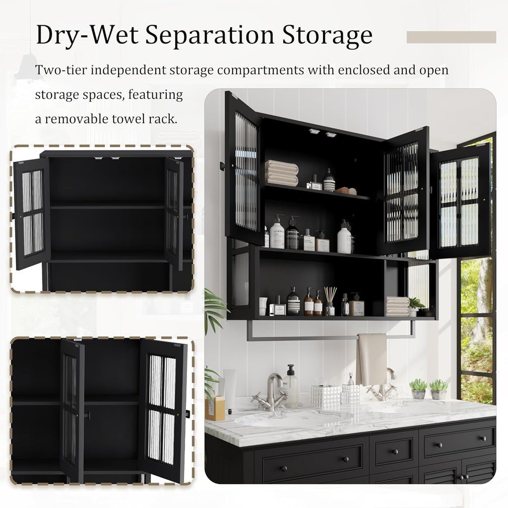 Bathroom Wall Cabinet Over The Toilet, 3 Door Wooden Medicine Cabinet with Open Shelf & Glass Door, Space Saving Storage Organizer with Towel Bar (Black)
