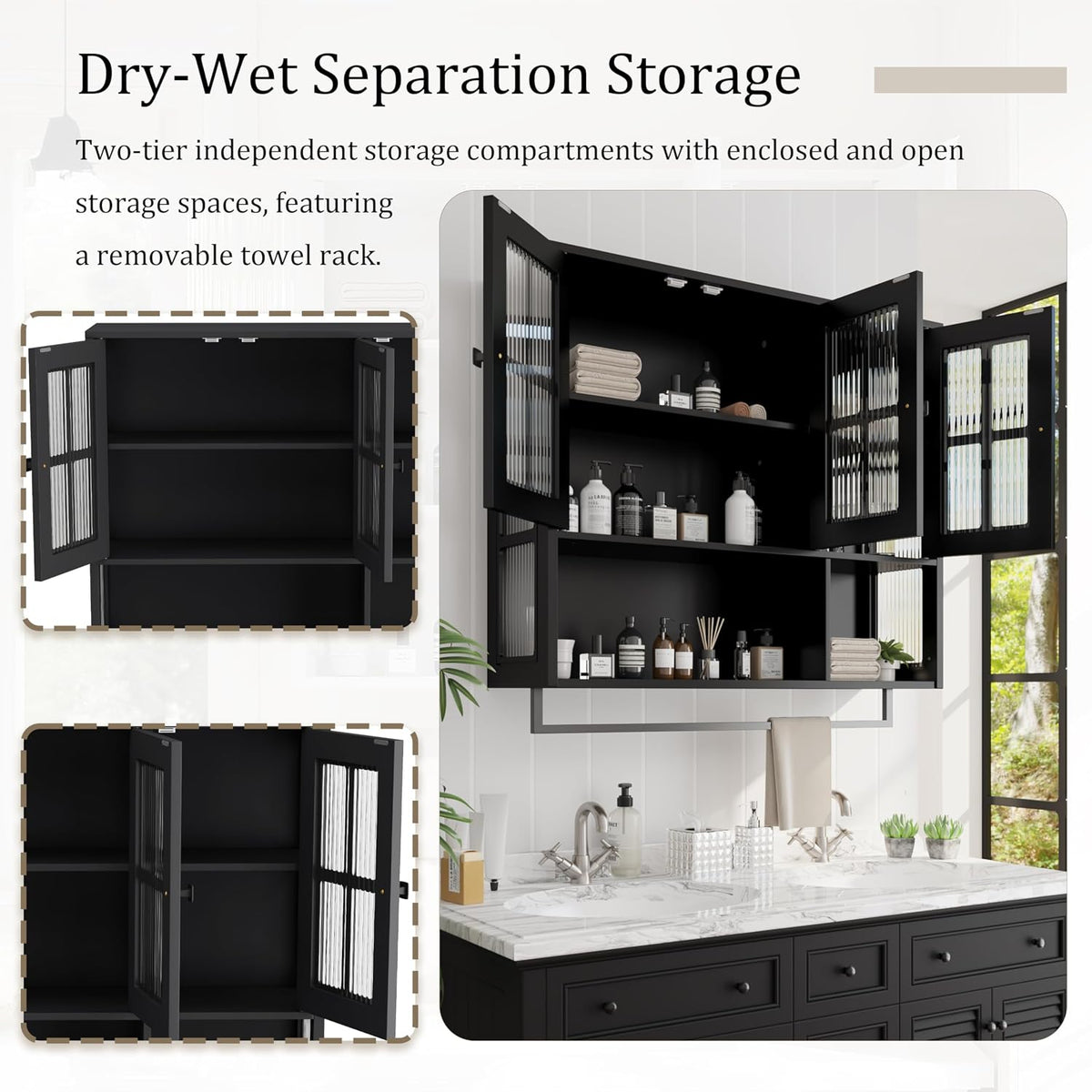 Bathroom Wall Cabinet Over The Toilet, 3 Door Wooden Medicine Cabinet with Open Shelf & Glass Door, Space Saving Storage Organizer with Towel Bar (Black)