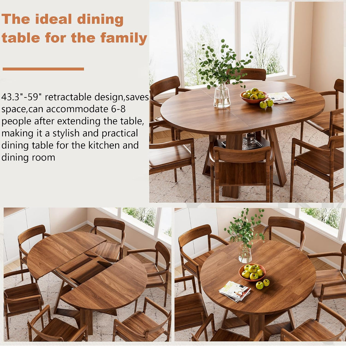 43.3in-59in Extendable Round Dining Table for 4-6,Modern Kitchen Oval Dining Table with Removable Leaves Space Saving,Wood Base with Storage Shelf for Kitchen Living Room