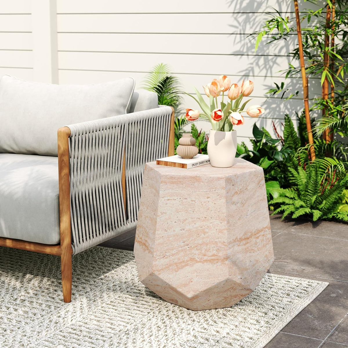 KEVINSPACE Small Side Coffee Table Outdoor MGO Hexagonal Round Travertine End Living Room Accent Sofa Bedside Couch Table Bedroom Apartment Indoor 20.5' W x18.75 H Beige Concrete