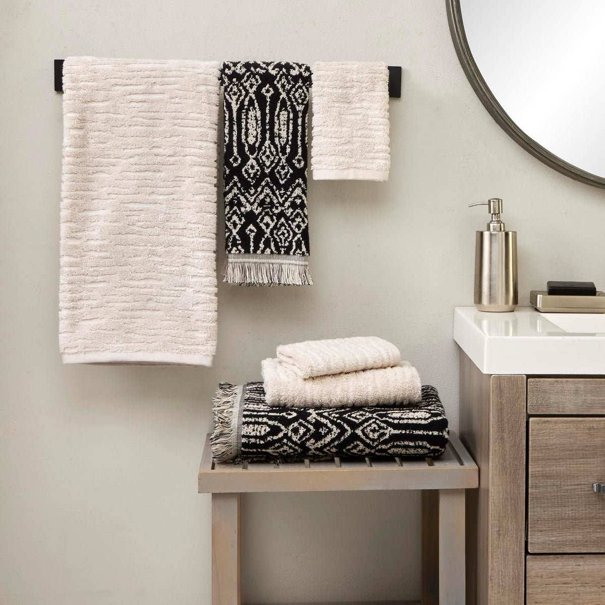 SKL Home CloudSoft/Nador 100% Cotton Luxury 6-Piece Towel Set - 600 GSM, Ultra Plush & Absorbent, Reversible - 2 Bath Towels, 2 Hand Towels, 2 Washcloths, Oatmeal/Black