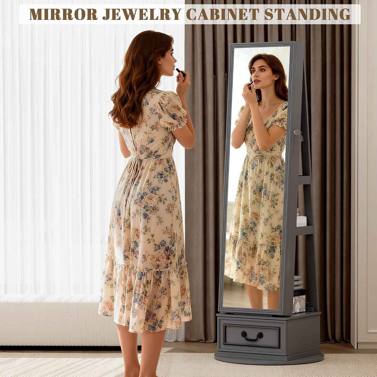 Vlsrka Mirror Jewelry Cabinet Standing, 360° Swivel Jewelry Armoire with Full Length Mirror, Lockable Mirror with Jewelry Storage, 3-Color LED Lights, Foldable Makeup Shelf, Grey