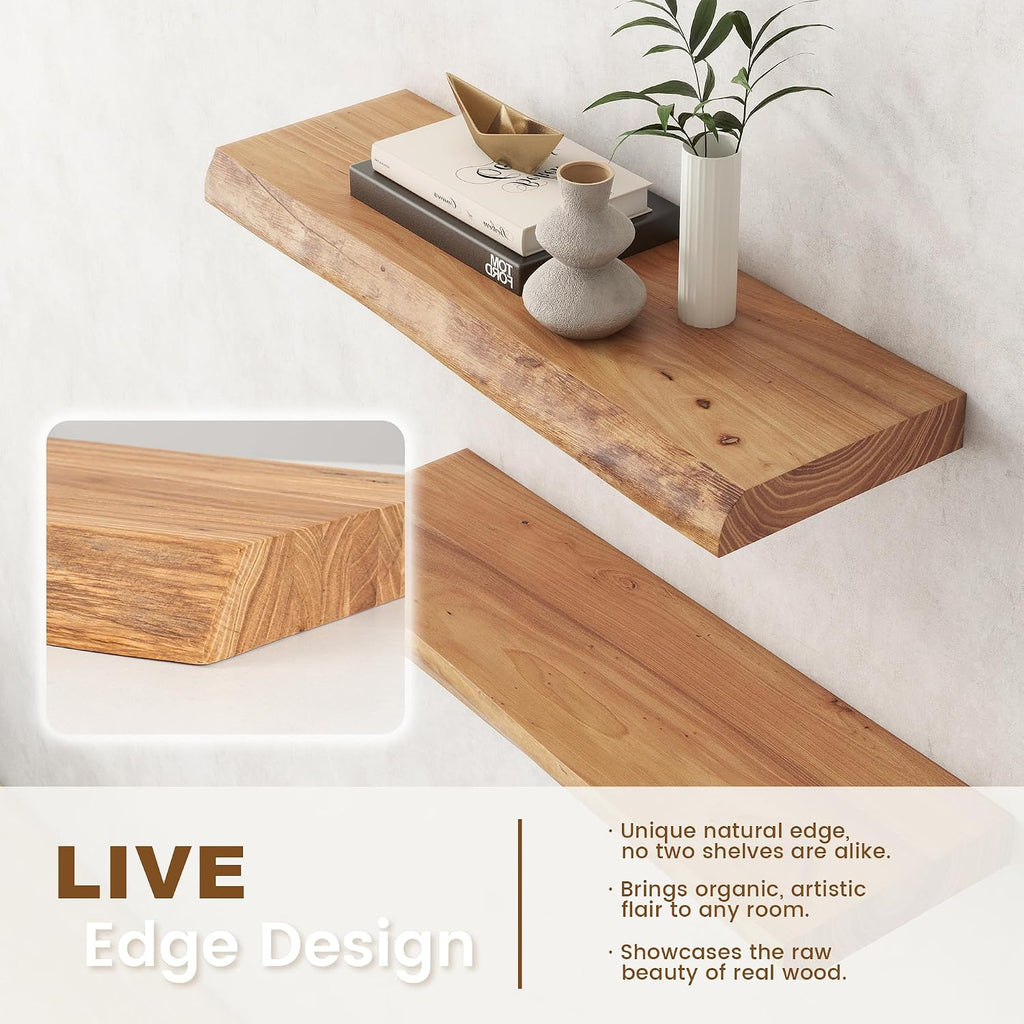36'x9.2' Elm Floating Shelves for Wall, Live Edge, Natural, 2-Pack | 1.4' Thick Reclaimed Wood Shelves with Invisible Bracket for Living Room, Bedroom, Kitchen & Bathroom Storage