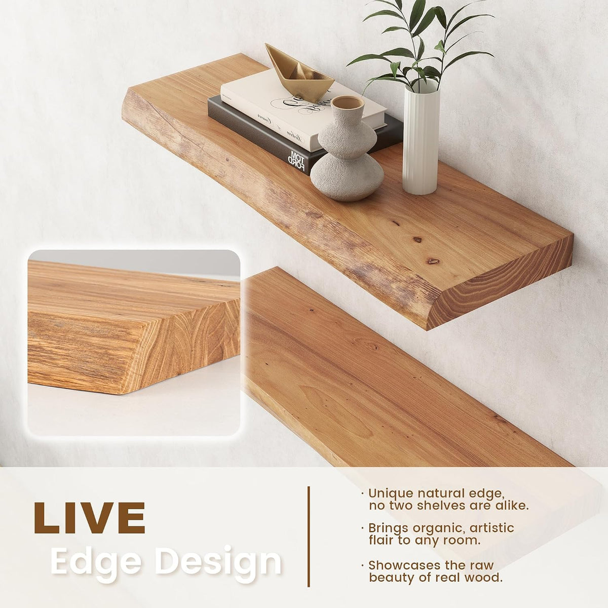 36'x9.2' Elm Floating Shelves for Wall, Live Edge, Natural, 2-Pack | 1.4' Thick Reclaimed Wood Shelves with Invisible Bracket for Living Room, Bedroom, Kitchen & Bathroom Storage