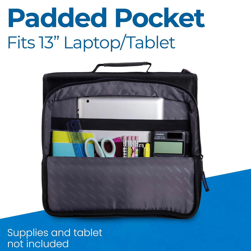Case-it Universal Zipper Binder | 2-Inch O-Rings,13-Inch Laptop/Tablet Padded Pocket,400 Sheet Capacity,Multiple Storage Pockets&Shoulder Strap | School&Office Organizer-| LT-007 Jet Black,(Pack of 6)