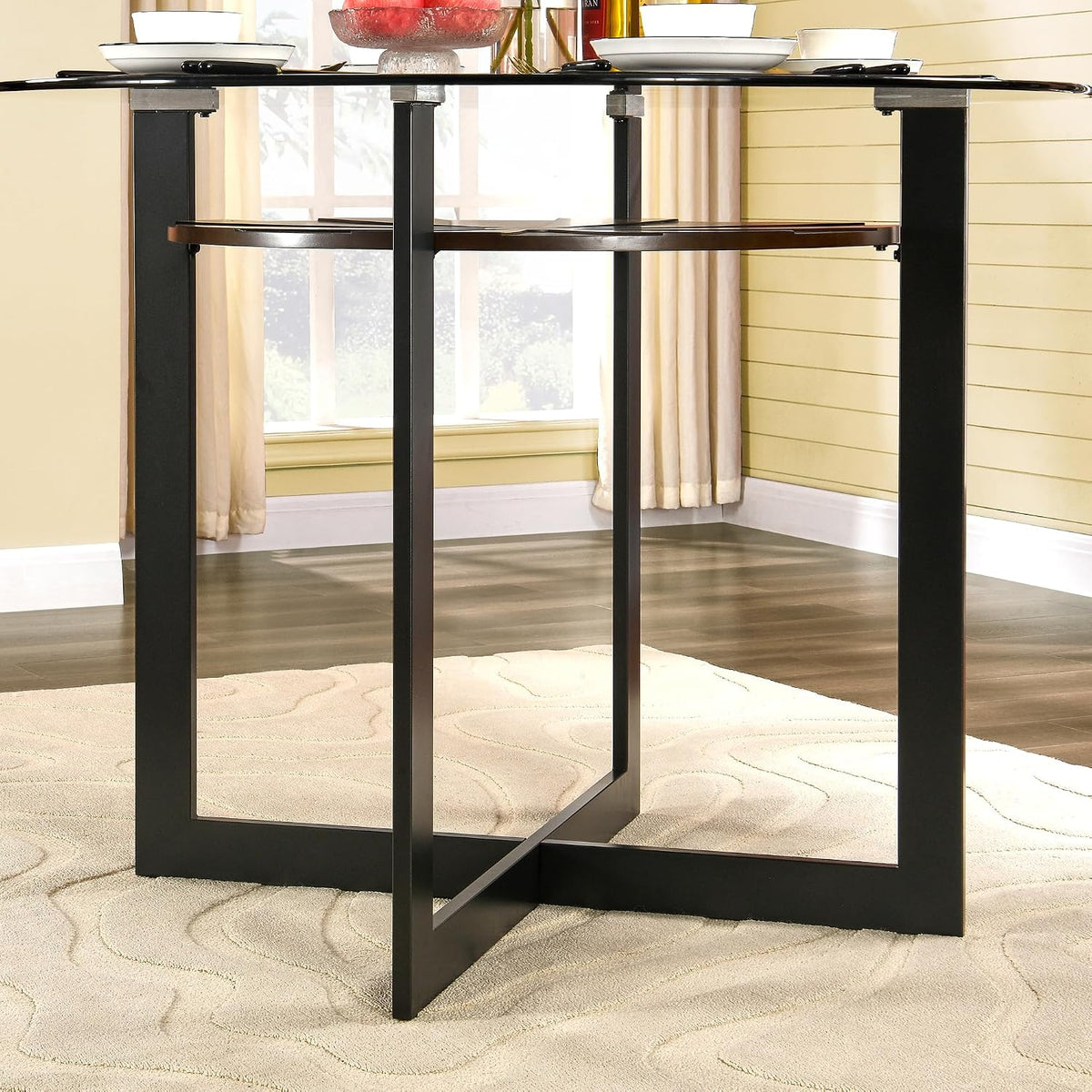 Round 45' Dining Table with 10mm Tempered Glass Top, Circle Dinner Pedestal Table for Dining Room Modern Industrial Kitchen Tables with Wood Brown Shelf and Black Metal Leg Easy Assembly CZ-B2616