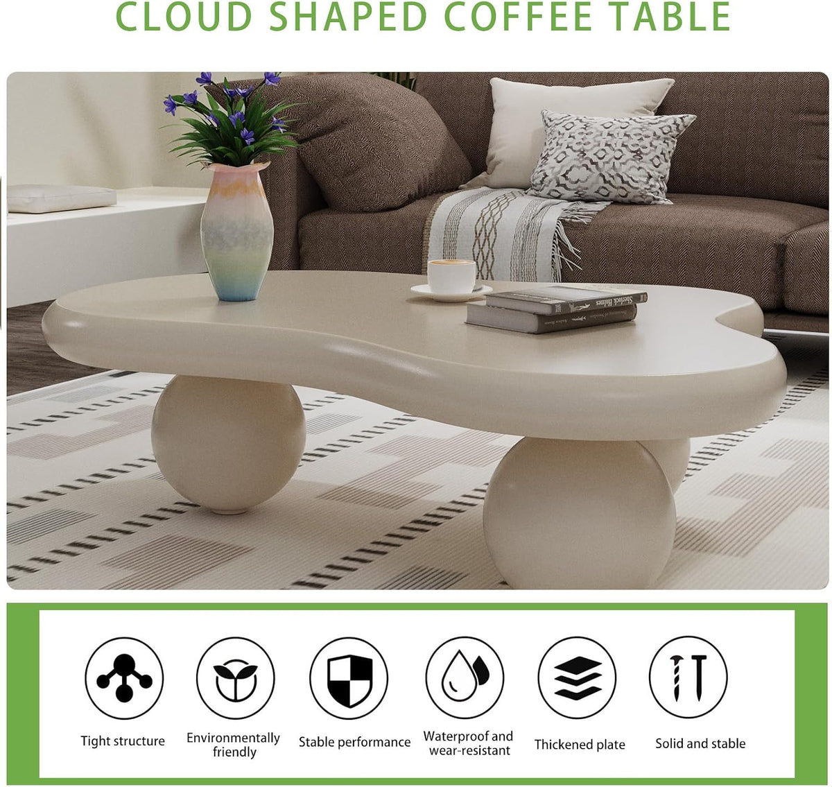 Cloud Coffee Table, Cute Irregular Coffee/Tea Table with Large Tabletop, Accent Cocktail Table, Cloud Shape Modern Coffee Table for Living Room, Office, Home Dec (D White 46.06in)