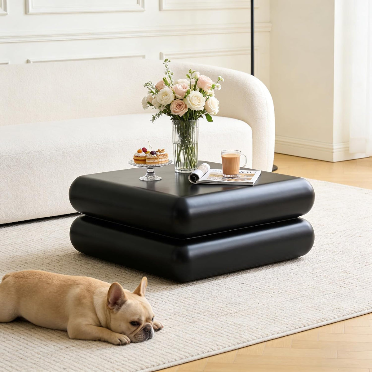 31.5' Modern Black Coffee Table, Stone Coffee Table, Square Minimalist Center Table, Contemporary Low Sofa Side Accent End Tea Table for Living Room Bedroom Apartment, No Assembly Required