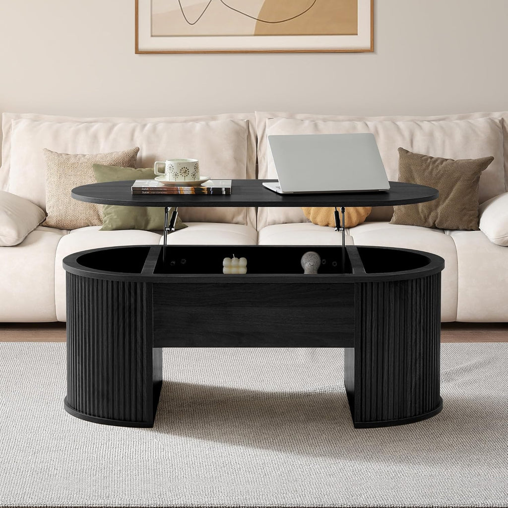 ORRD Lift Top Coffee Table, Fluted Coffee Table with Lifting Top, Wooden Lift Up Dining Table with Hidden Compartment, Center Table for Living Room, Office - Black