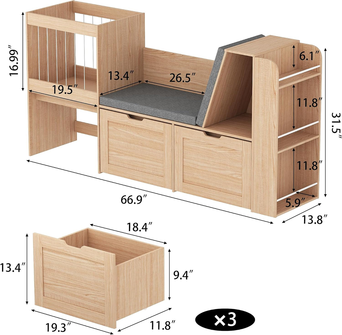 66.9' Kids Reading Nook, Toy Storage Organizer with Stuffed Animal Storage, Bench and Removable Cushions, Wooden Toddler Bookshelf with 3 Movable Drawers for Nursery, Playroom (Oak)